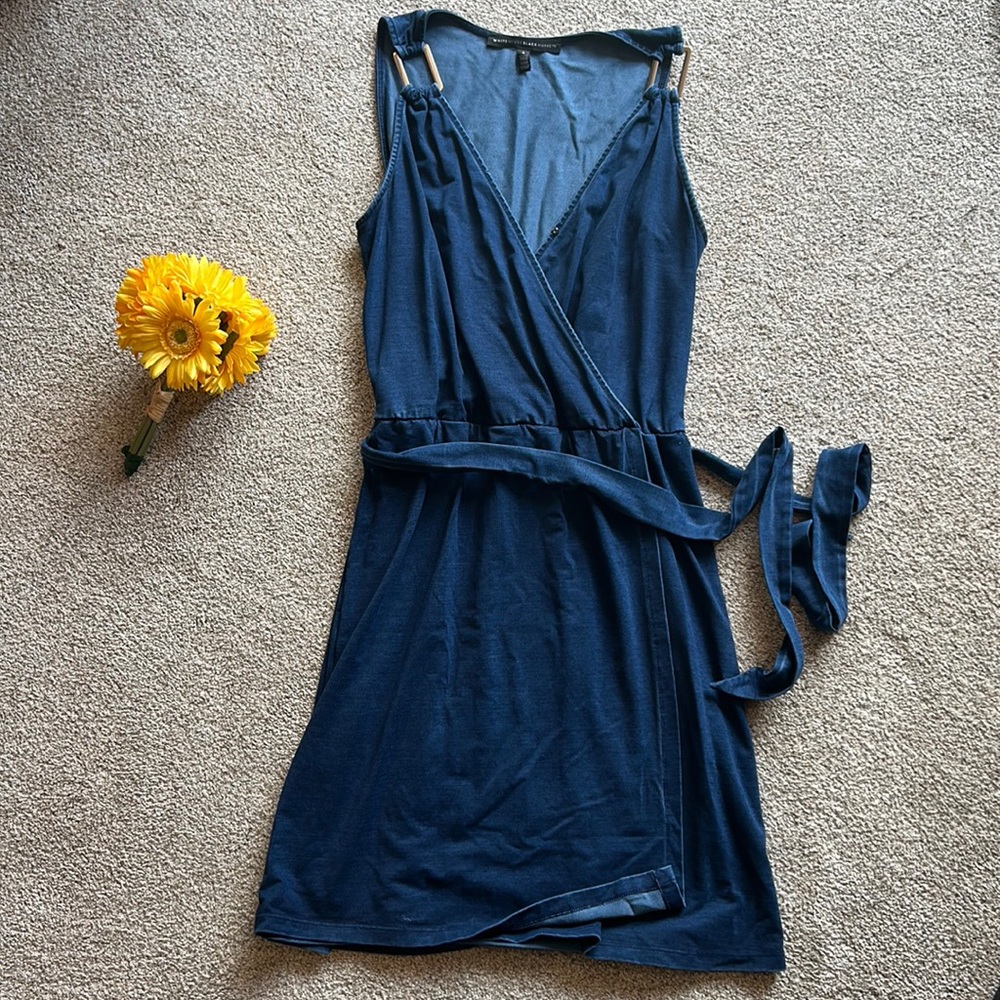 White House black market snap closure faux wrap denim dress with silver hardware